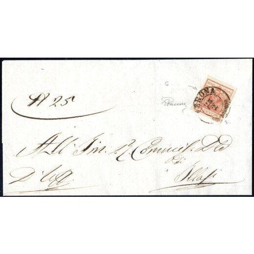 1854, "Pieghe di carta", 15 Cent. rosso, duplice piega orizzontale e diagonale da arricciamento, su lettera da Veona 23.2.1853 per Illasi, firm. Vaccari (Sass. 6)