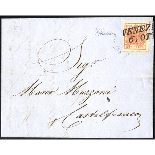 1854, "Pieghe di carta", 15 Cent. rosso, duplice piega diagonale da arricciamento, su lettera da Venezia 6.10.1852 per Castelfranco, firm. E. Diena e Vaccari (Sass. 6)