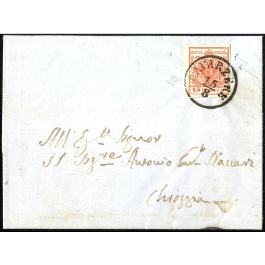 1854, "Pieghe di carta", 15 Cent. rosso, piega diagonale da arricciamento, su lettera da Cavarzere 15.8.1853 per Chioggia, firm. E. Diena (Sass. 6)