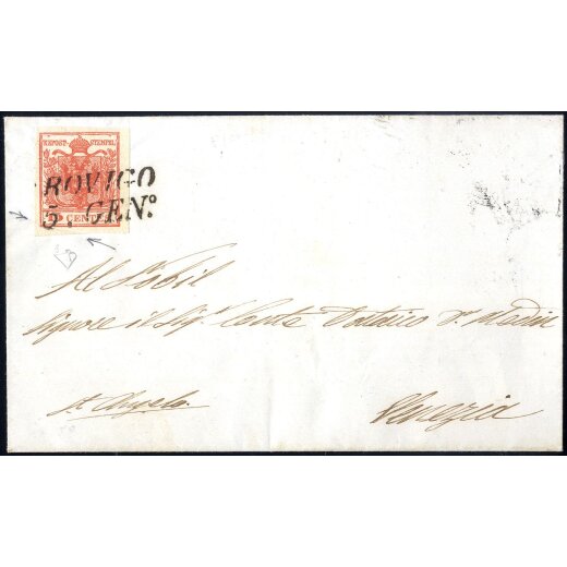 1854, &quot;Pieghe di carta&quot;, 15 Cent. rosso, piega diagonale da arricciamento, su lettera da Rpvigo 5.1.1853 per Venezia, firm. E. Diena (Sass. 6)