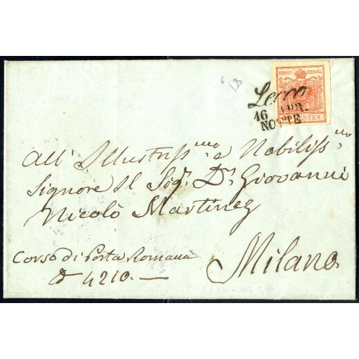 1854, &quot;Pieghe di carta&quot;, 15 Cent. rosso, piega orizzontale a soffietto, su lettera da Lecco 16.4.1852 per Milano, lusso, firm. E. Diena (Sass. 6)