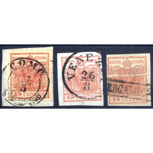 1854, Pieghe di carta, 15 Cent. rosso, tre esemplari con varie tipologie di pieghe da arricciamento, splendidi (Sass. 6)