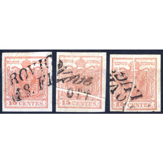1854, "Pieghe di carta", 15 Cent. rosa, tre esemplari con tipologie diverse di pieghe, splendidi (Sass. 5)