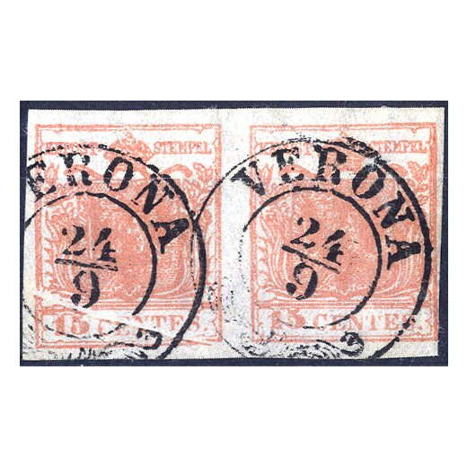 1854, "Pieghe di carta", 15 Cent. rosa carminio, coppia con vistosa piega obliqua a soffietto con deformazione del clich? sul primo esemplare (Sass. 5a)