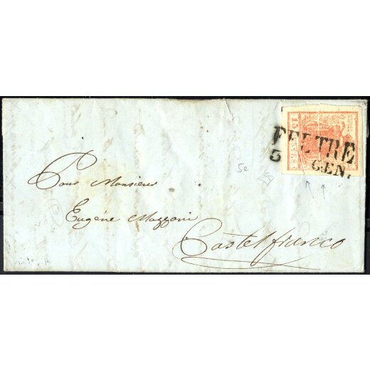 1854, Pieghe di carta, 15 Cent. rosa carminio, due pieghe di carta a soffietto, su lettera da Feltre 3.1.1852 per Castelfranco (Sass. 5a)
