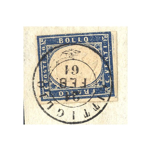 CITTIGLIO 24 / FEB / 61, annullo d.c. su 20 Cent. Sardegna su frammento (Sass. 8P.)