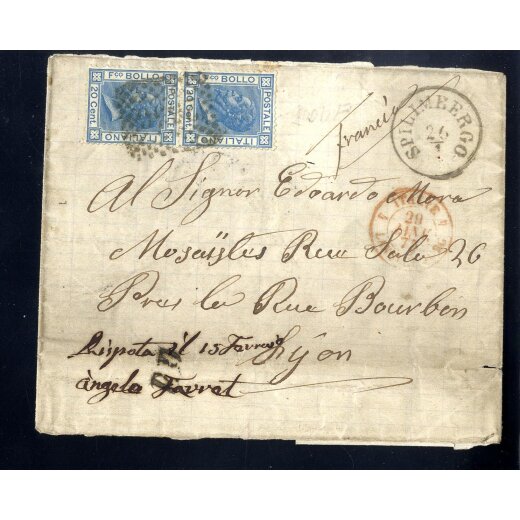 "SPILIMBERGO 26 / 1", annullo austriaco sul fronte di lettera del 26.1.1875 per Lione affrancata con coppia Sass. T26, non comune