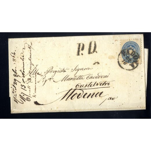 1864, 10 Soldi azzurro su lettera di due sezioni da Padova 29.10.1864 per Castelvetro (Sass. 44)