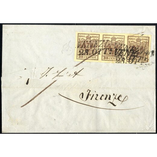 1851, "Carta costolata", 30 Cent. bruno rossastro, striscia di tre orizzontale su lettera doppio porto della terza distanza da Venezia 28.10.1851 per "FIRENZE",