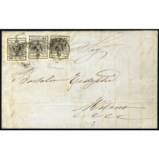1854, 10 Cent. nero, carta a macchina, tre esemplari su lettera della seconda distanza da Brescia per Milano, splendida, cert. Diena (Sass. 19 / 6300,-)