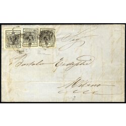 1854, 10 Cent. nero, carta a macchina, tre esemplari su...
