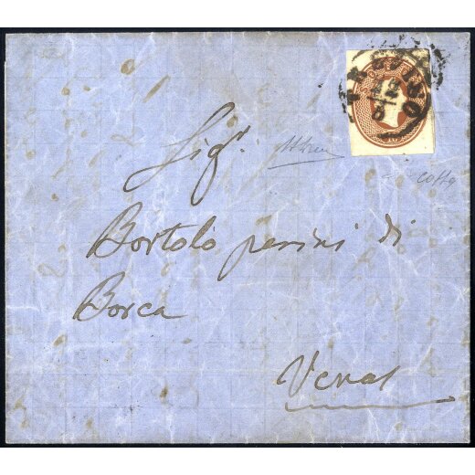 1861, <b>"Ritaglio di intero postale"</b>, 10 Soldi bruno rosso su lettera da Treviso 22.5.1864 per Borca, splendida e rara, cert. A. Diena + Colla (Sass. RIP 3)