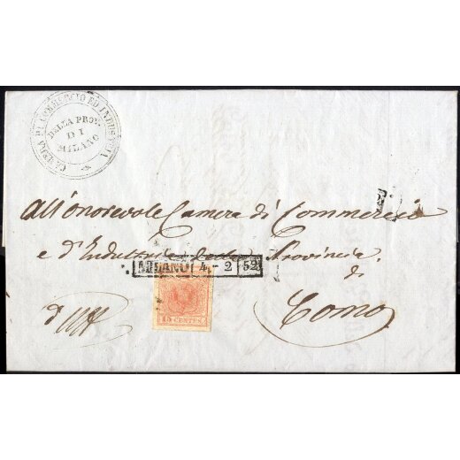 1850, Lettera da Milano 4.2.1852 per Como affrancata con 15 Cent. rosa (S. 5)