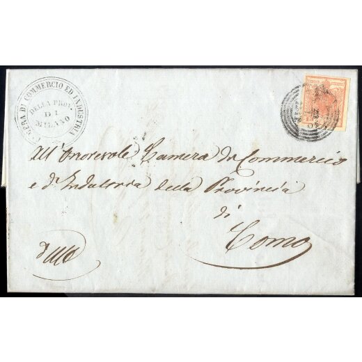 1850, Lettera da Milano 21.1.1852 per Como affrancata con 15 Cent. rosa (S. 5)