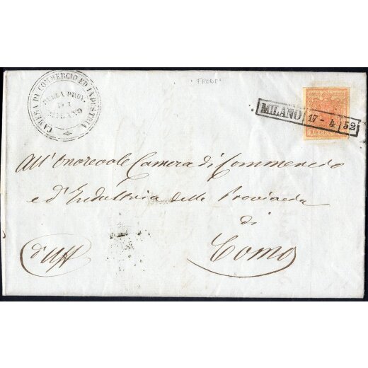 1850, Lettera da Milano 17.4.1852 per Como affrancata con 15 Cent. rosa (S. 5)