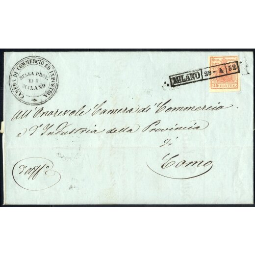 1850, Lettera da Milano 20.4.1852 per Como affrancata con 15 Cent. rosa (S. 5)