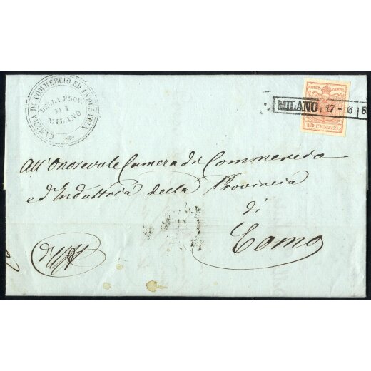 1850, Lettera da Milano 17.6.1852 per Como affrancata con 15 Cent. rosa (S. 5)