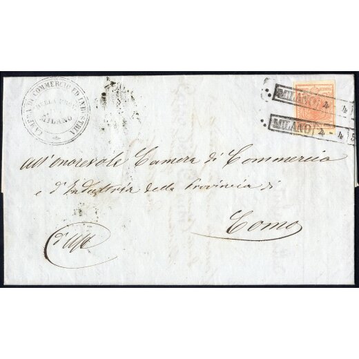 1850, Lettera da Milano 4.4.1852 per Como affrancata con 15 Cent. rosa (S. 5)