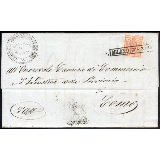 1850, Lettera da Milano 30.3.1852 per Como affrancata con 15 Cent. rosa (S. 5)