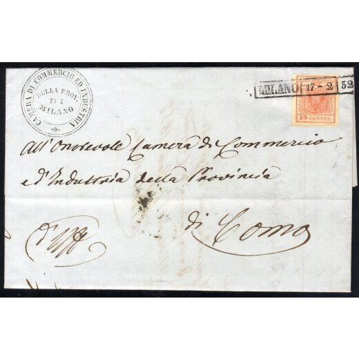 1850, Lettera da Milano 17.2.1852 per Como affrancata con 15 Cent. rosa (S. 5)