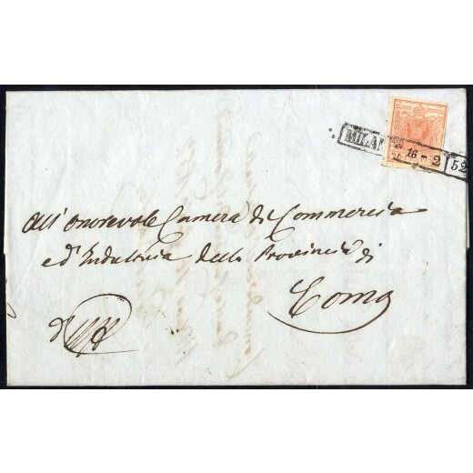 1850, Lettera da Milano 16.2.1852 per Como affrancata con 15 Cent. rosa (S. 5)
