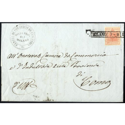 1850, Lettera da Milano 7.2.1852 per Como affrancata con 15 Cent. rosa (S. 5)