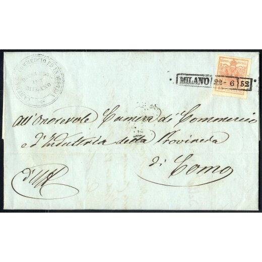 1850, Lettera da Milano 22.6.1852 per Como affrancata con 15 Cent. rosa (S. 5)