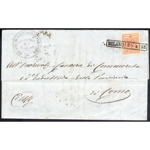1850, Lettera da Milano 3.4.1852 per Como affrancata con 15 Cent. rosa (S. 5)
