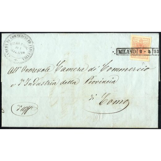 1850, Lettera da Milano 8.4.1852 per Como affrancata con 15 Cent. rosa (S. 5)