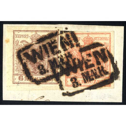 1850, 6 Kr. HPIc rostbraun + 3 Kr. HPI zusammen auf Briefstück (ANK 3HI+4HIc)