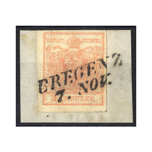 1850, "BREGENZ / 7. NOV.", Langstempel auf 3 Kr. MPIII auf Briefstück (Mü. 313c)