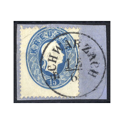 1861, "SCHWARZACH 15 / 6", Einkreisstempel auf 15 Kr. blau auf Briefstück, Eckbug links oben (Mü. 2571a / 40P.)