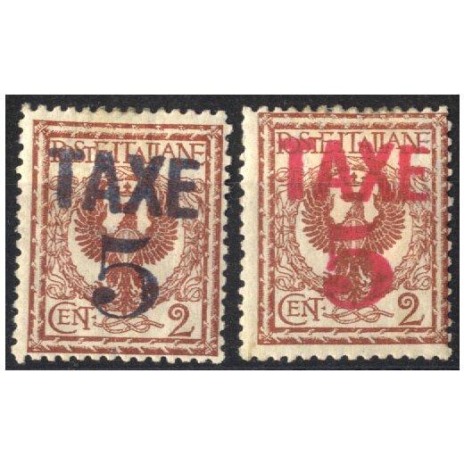 1918-19, 5 su 2 c. sovrastampa nera e rossa, Sass. BZ3/75,76