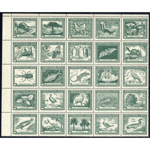 1948, Naturgeschichte, 2,60 P. gr&uuml;n, Viertelbogen mit 25 Werten (Mi. 387-411 / 90,-)