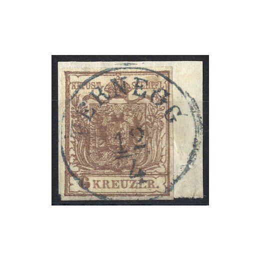 1850, "PERNEGG 12 / 4", müllerblauer Einkreisstempel auf 6 Kr. HP, Mängel (Mü. 2110a)