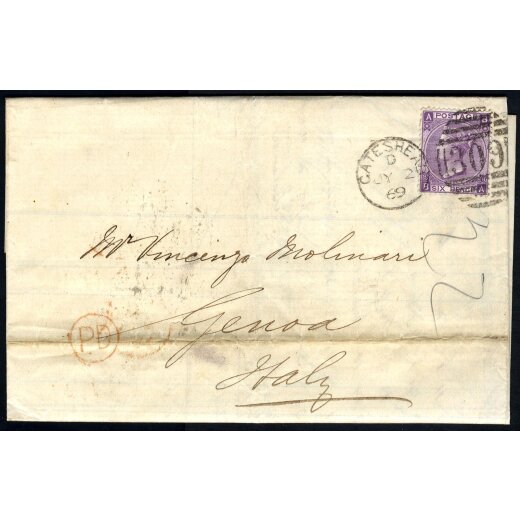 1869, letter from Gateshead 2.7.1869 to Genova with 6 d. Queen Victoria with large uncolored letters and Wmk Spray of Rose, SG 109