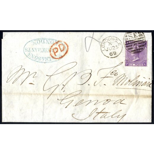 1869, letter from London S.E. 25.6.1869 to Genova with 6 d. Queen Victoria with large uncolored letters and Wmk Spray of Rose, SG 109 / 140,-