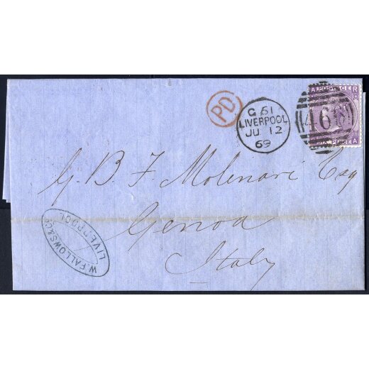 1869, letter from Liverpool 12.6.1869 to Genova with 6 d. Queen Victoria with large uncolored letters and Wmk Spray of Rose, SG 109