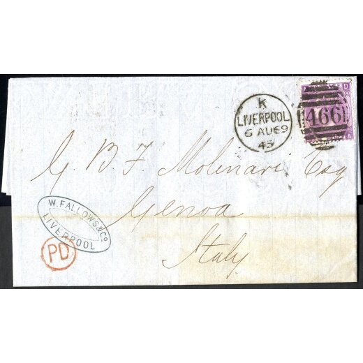 1869, letter from Liverpool 6.8.1869 to Genova with 6 d. Queen Victoria with large uncolored letters and Wmk Spray of Rose, SG 109