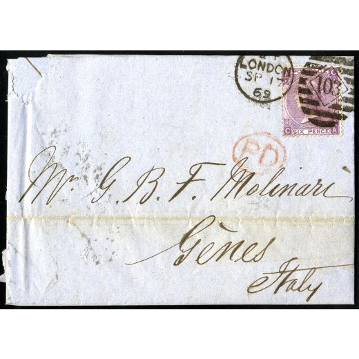 1869, letter from London 17.9.1869 to Genova with 6 d. Queen Victoria with large uncolored letters and Wmk Spray of Rose, SG 109