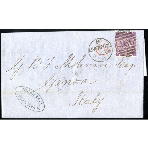 1869, letter from Liverpool 4.10.1869 to Genova with 6 d. Queen Victoria with large uncolored letters and Wmk Spray of Rose, SG 109
