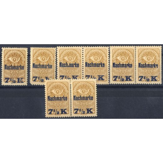 1921, 7 1/2 K. a 15 H., 3 Paare und 2 Einzelmarken je mit Aufdruckausfällen, ANK 102