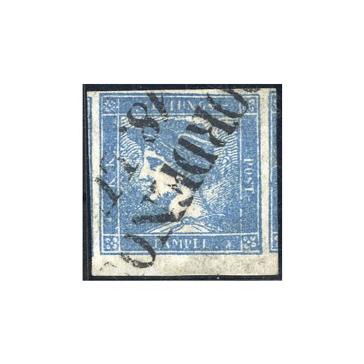1851, 3 cent. azzurro per giornali annullato con SD (P)ORDENO(NE) 18 Lu.., cert. Strakosch, firmato Ferchenbauer, Sass. 1 / 600,-
