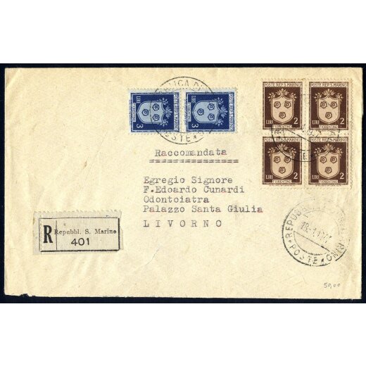 1947, lettera raccomandata per Livorno affrancata per 14 l. con "Stemmi" quartina 2 l. bruno scuro e coppia 3 l. azzurro, Sass. 286,287