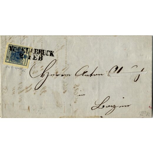 1850, "VÖCKLABRUCK / 2 FEB.", Langstempel auf 9 Kr. HP III a auf Brief (Nachname der Adresse ausgeschnitten) nach Bozen, breitrandig (Mü. 3122b / 30 P.)