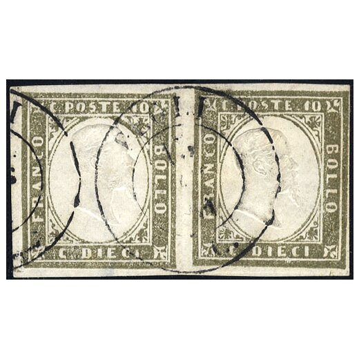 1855/63, 10 Cent. grigio olivastro chiaro, coppia usata, piccolo strappetto nell´esemplare a sinistra, firmata Cardillo, Sassone 14C(2) / 300,-