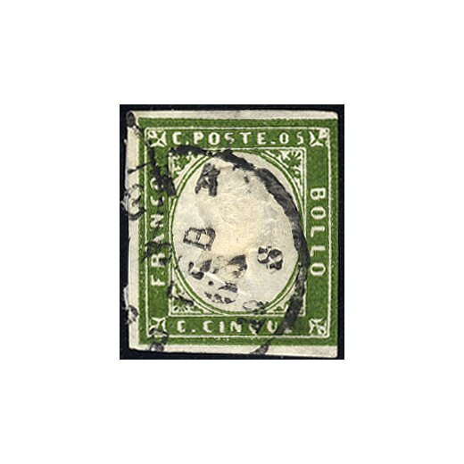 1855/63, 5 Cent. verde bronzo, usato, a filo a destra, firmato Cardillo, Sassone 13 Dd / 750,-