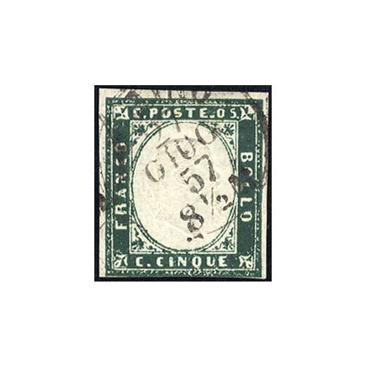 1855/63, 5 Cent. verde mirto, a filo in basso, usato, firmato Cardillo, Sassone 13 A / 750,-