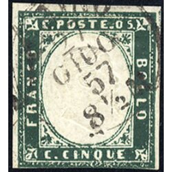 1855/63, 5 Cent. verde mirto, a filo in basso, usato,...