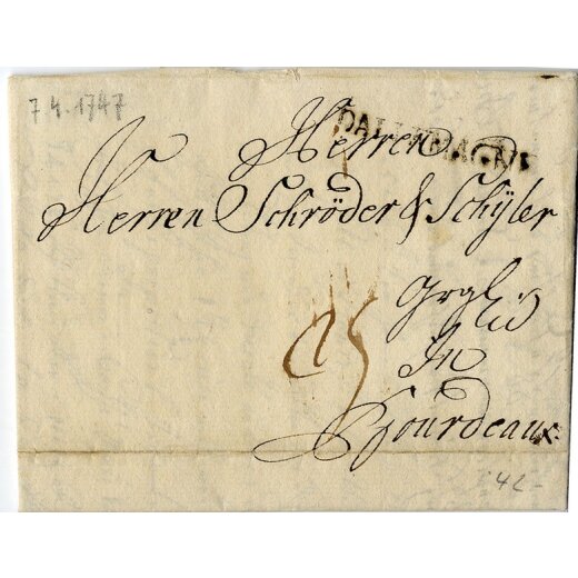 1747/1801, Zwei Belege mit dem Stempel "DALLEMAGNE" von Frankfurt bzw. Hamburg nach Frankreich
